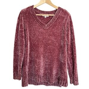 Orvis Chenille Sweater Women's Medium Purple Velour Knit Ribbed V-Neck Pullover